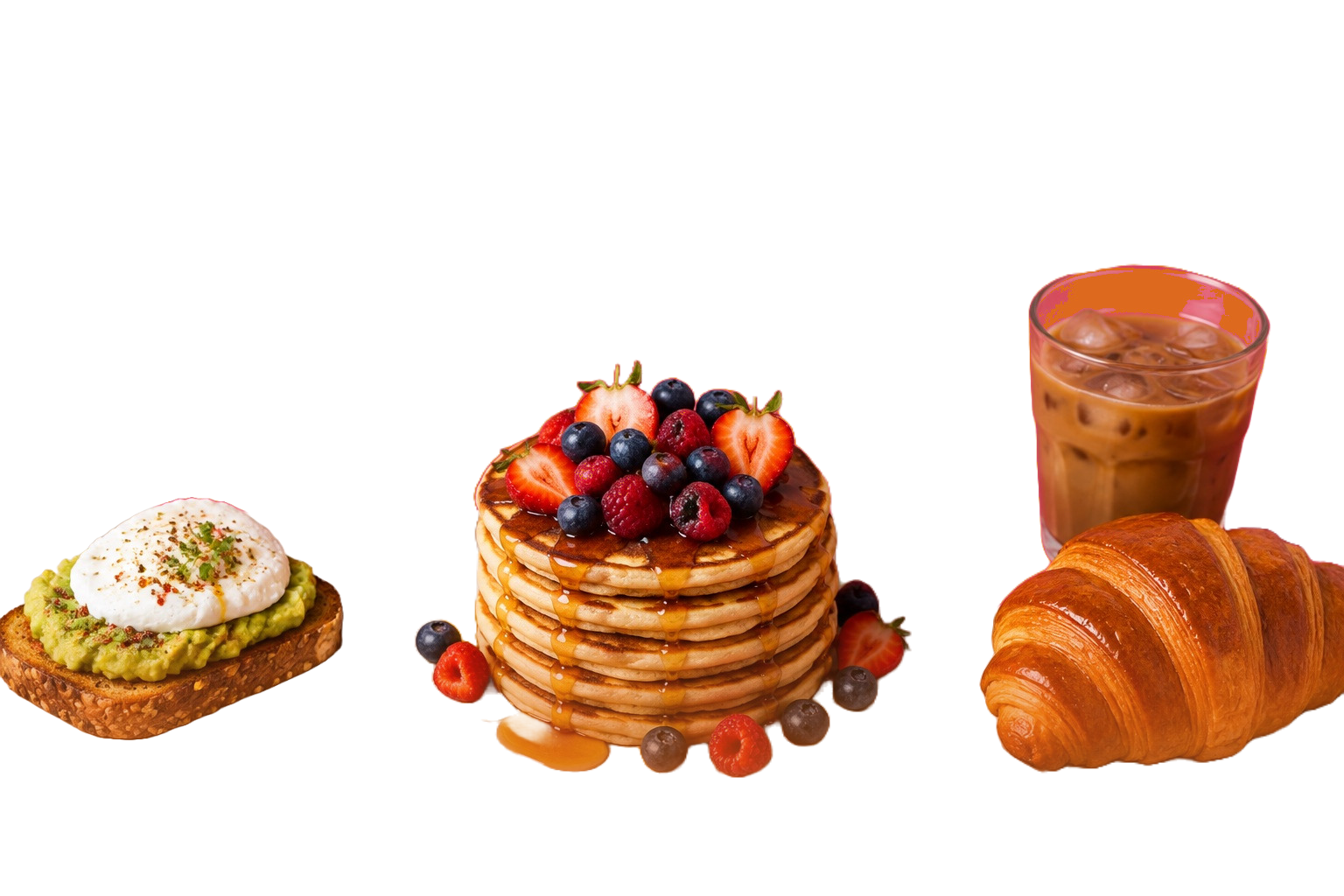 Pancakes généreux, tartine d’avocat avec œuf poché, croissant doré et café glacé.
